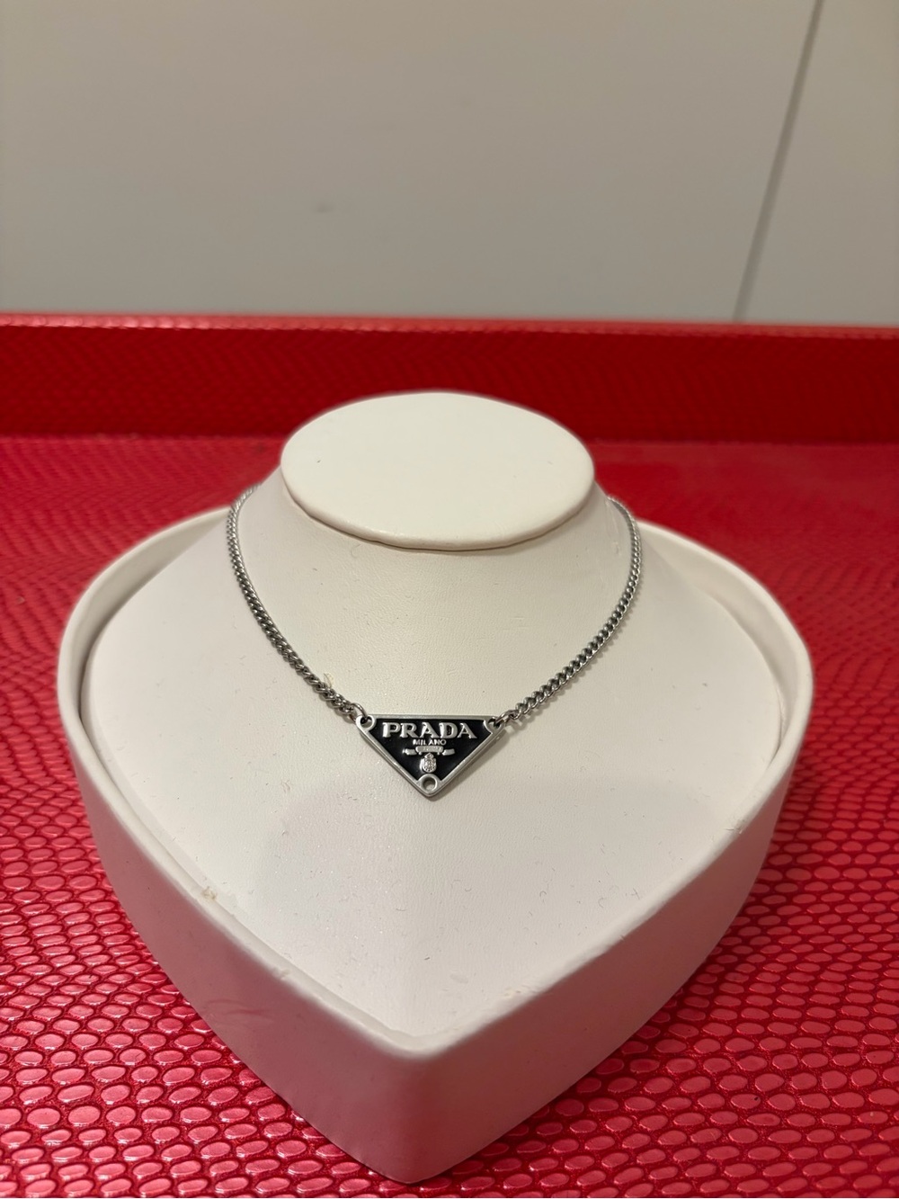 Prada Black Triangle Logo Pendant Necklace - Silver Chain